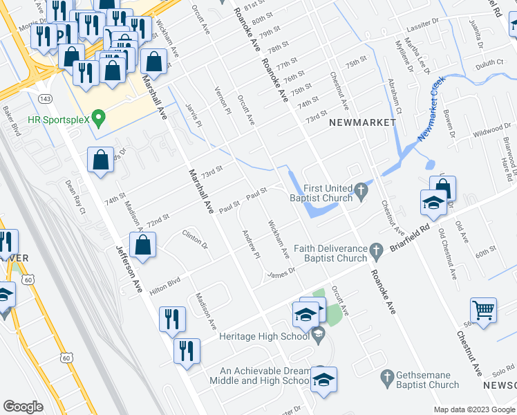 map of restaurants, bars, coffee shops, grocery stores, and more near 5933 Wickham Avenue in Newport News
