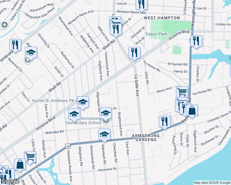 map of restaurants, bars, coffee shops, grocery stores, and more near 341 Brightwood Avenue in Hampton