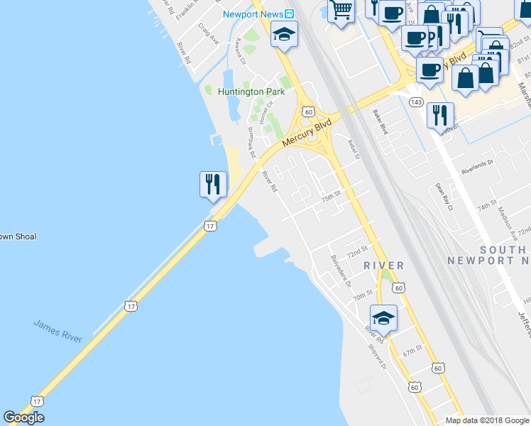 map of restaurants, bars, coffee shops, grocery stores, and more near 7499 River Road in Newport News
