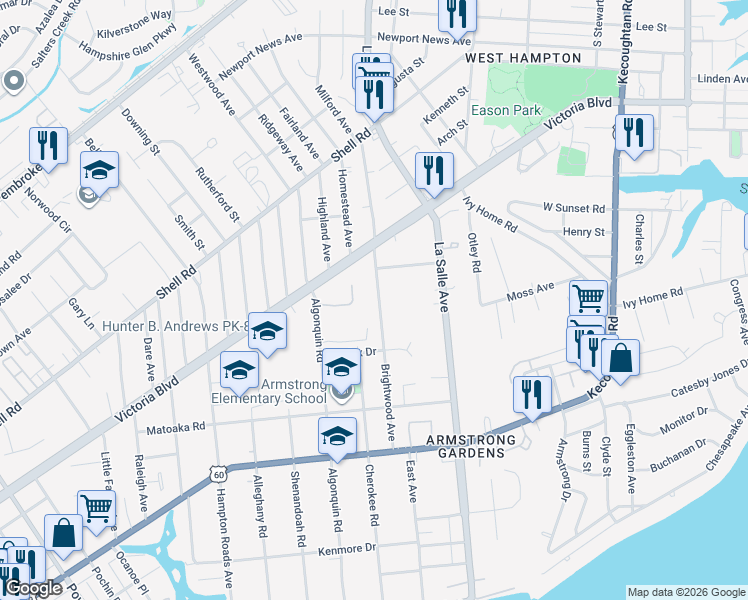map of restaurants, bars, coffee shops, grocery stores, and more near 341 Brightwood Avenue in Hampton