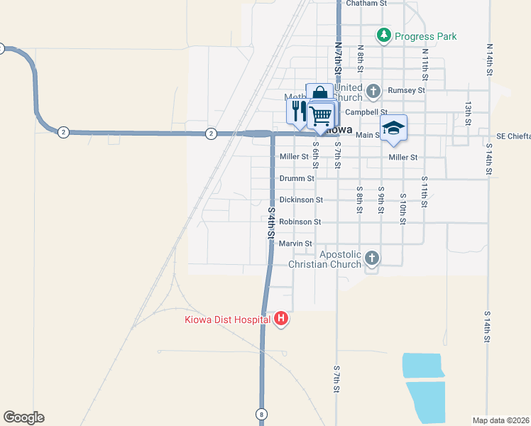 map of restaurants, bars, coffee shops, grocery stores, and more near 323-359 Robinson Street in Kiowa