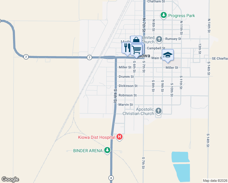 map of restaurants, bars, coffee shops, grocery stores, and more near 323-359 Robinson Street in Kiowa