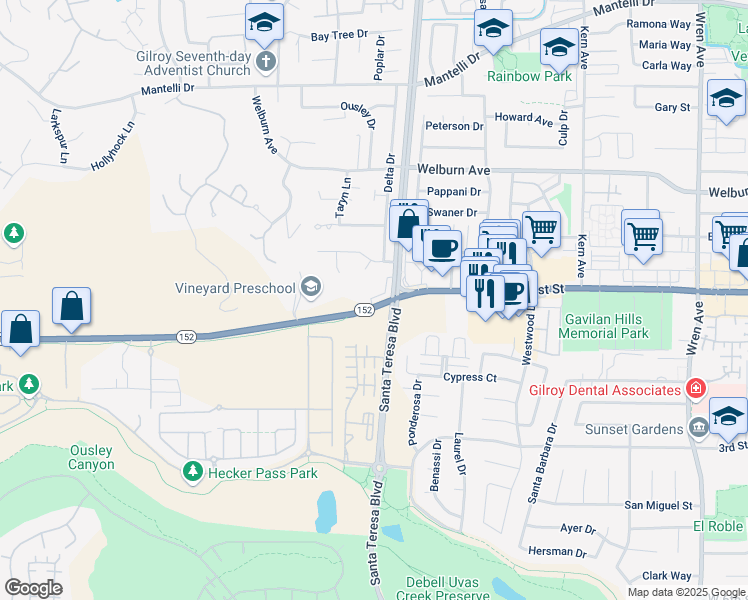 map of restaurants, bars, coffee shops, grocery stores, and more near 1555 Hecker Pass Road in Gilroy
