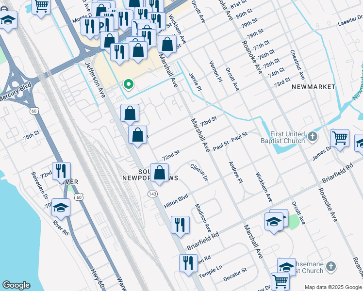 map of restaurants, bars, coffee shops, grocery stores, and more near 629 72nd Street in Newport News