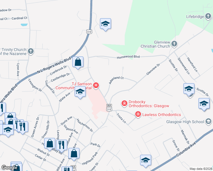 map of restaurants, bars, coffee shops, grocery stores, and more near 102 Adairland Court in Glasgow