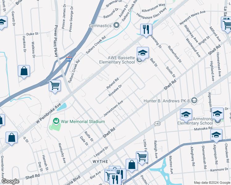 map of restaurants, bars, coffee shops, grocery stores, and more near 2804 Rosalee Drive in Hampton