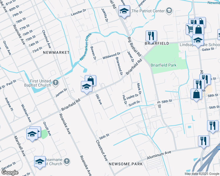 map of restaurants, bars, coffee shops, grocery stores, and more near 1506 Briarfield Road in Hampton