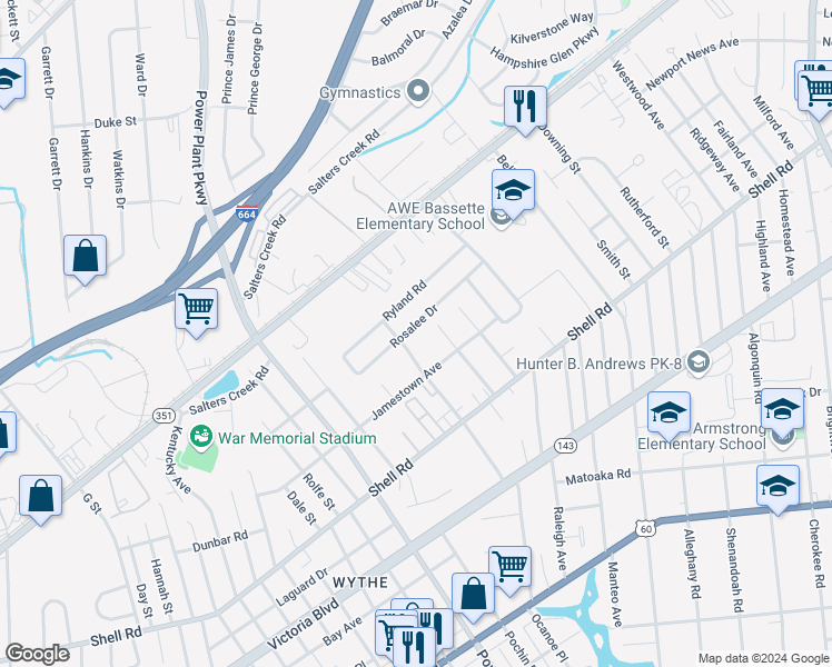 map of restaurants, bars, coffee shops, grocery stores, and more near 2804 Rosalee Drive in Hampton
