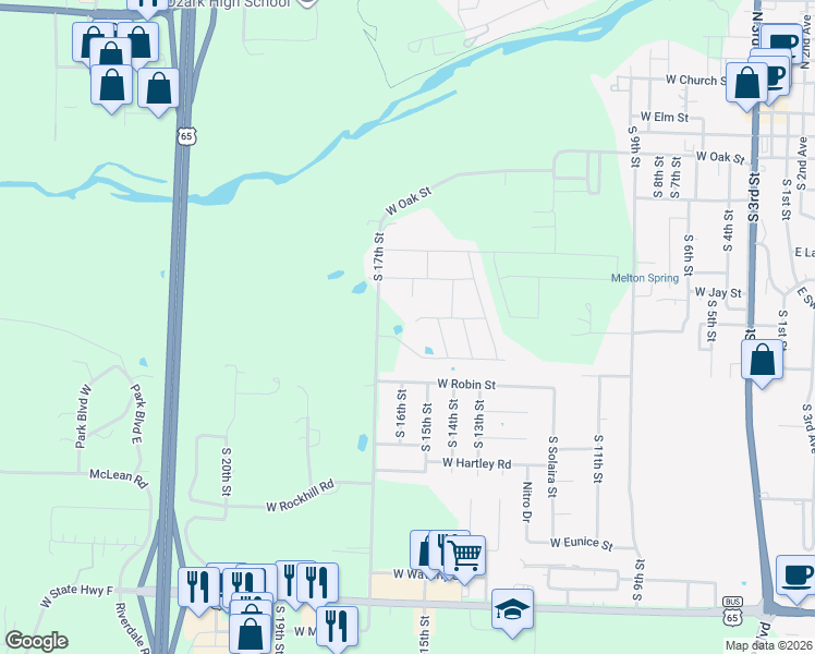 map of restaurants, bars, coffee shops, grocery stores, and more near 1526 West Jay Street in Ozark