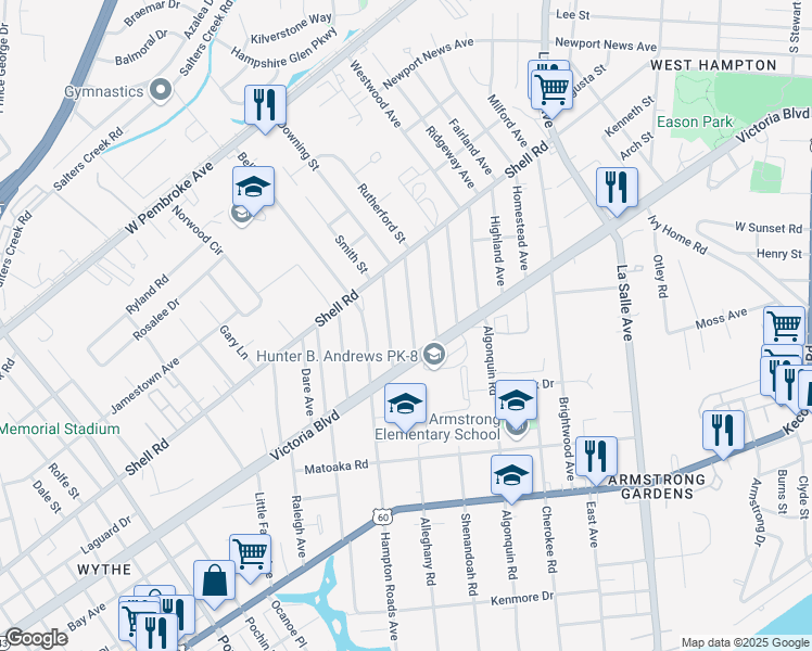 map of restaurants, bars, coffee shops, grocery stores, and more near 411 Alleghany Road in Hampton