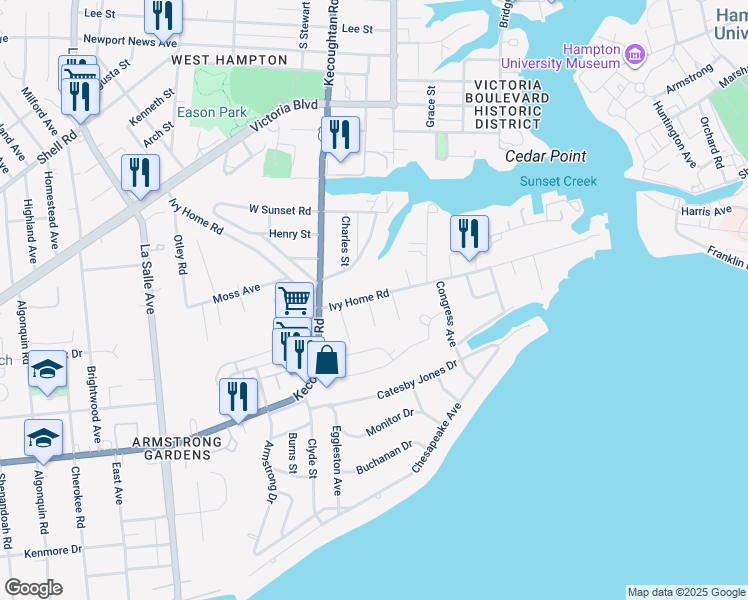 map of restaurants, bars, coffee shops, grocery stores, and more near 1 Somerset Lane in Hampton