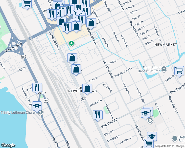map of restaurants, bars, coffee shops, grocery stores, and more near 627 73rd Street in Newport News
