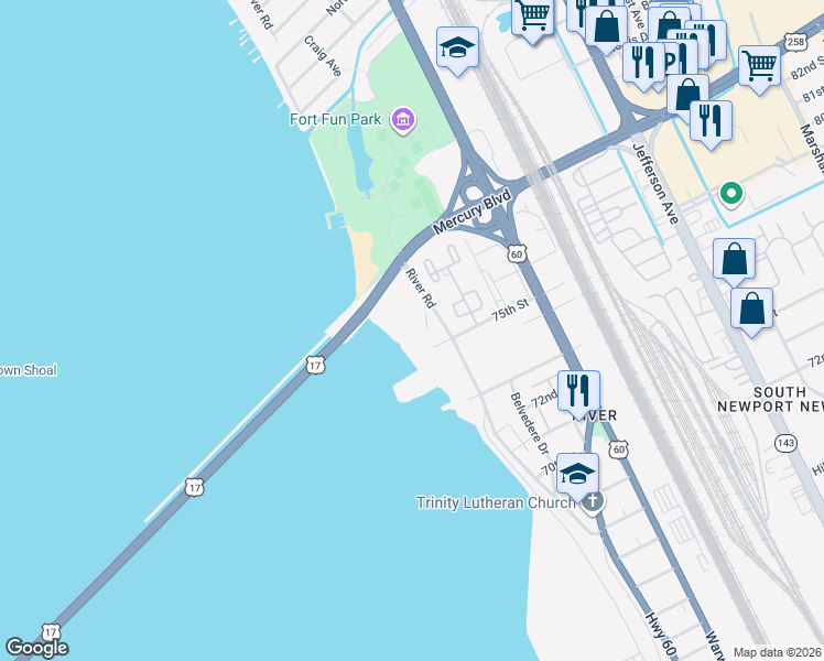 map of restaurants, bars, coffee shops, grocery stores, and more near 7505 River Road in Newport News