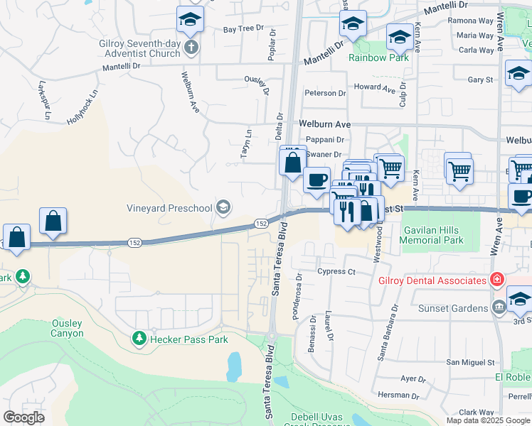 map of restaurants, bars, coffee shops, grocery stores, and more near 1555 Hecker Pass Road in Gilroy