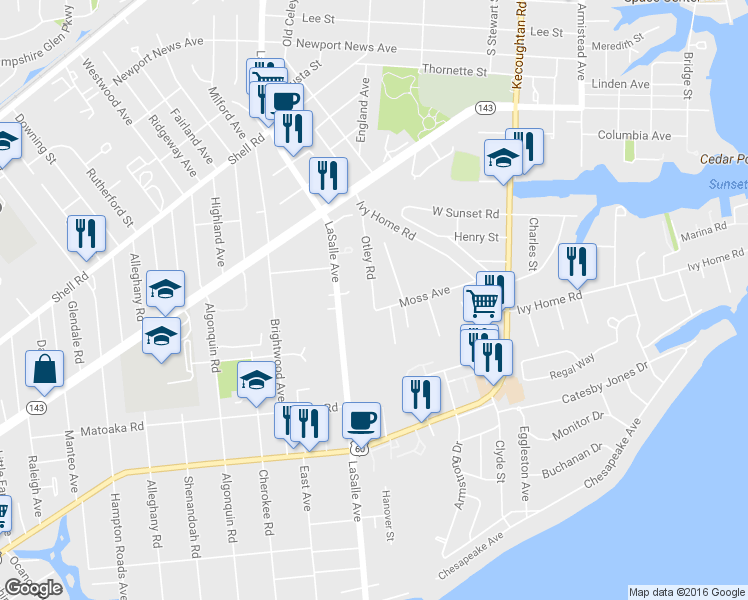 map of restaurants, bars, coffee shops, grocery stores, and more near 316 Otley Road in Hampton