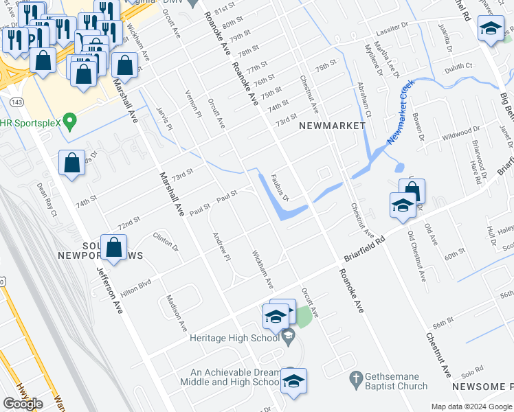 map of restaurants, bars, coffee shops, grocery stores, and more near 5927 Orcutt Avenue in Newport News