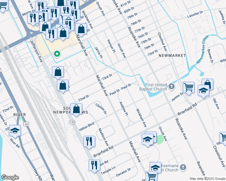 map of restaurants, bars, coffee shops, grocery stores, and more near 712 72nd Street in Newport News