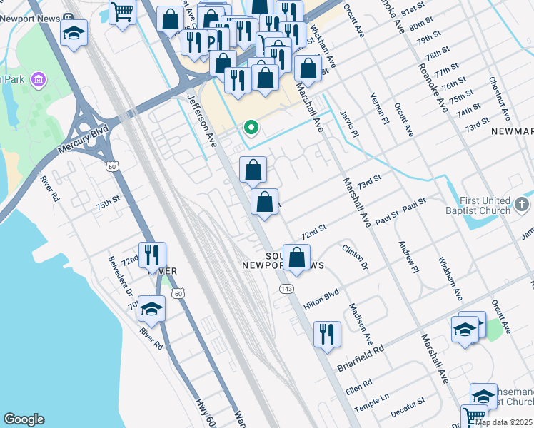 map of restaurants, bars, coffee shops, grocery stores, and more near 603 74th Street in Newport News