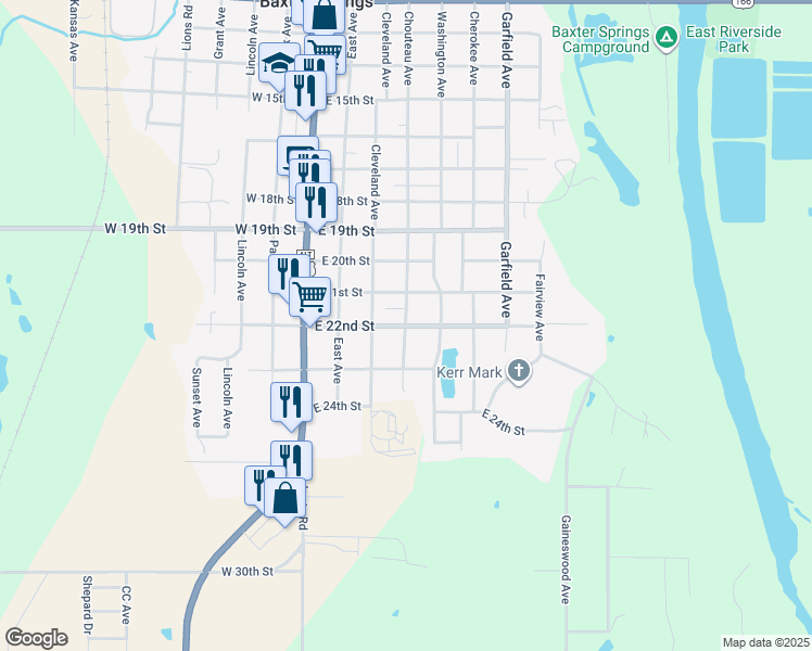 map of restaurants, bars, coffee shops, grocery stores, and more near 2199 Chouteau Avenue in Baxter Springs