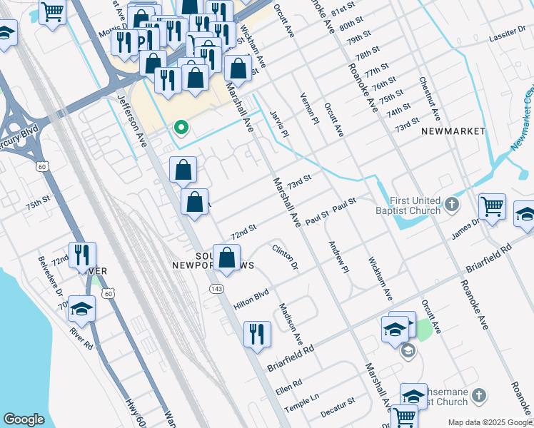 map of restaurants, bars, coffee shops, grocery stores, and more near 636 73rd Street in Newport News
