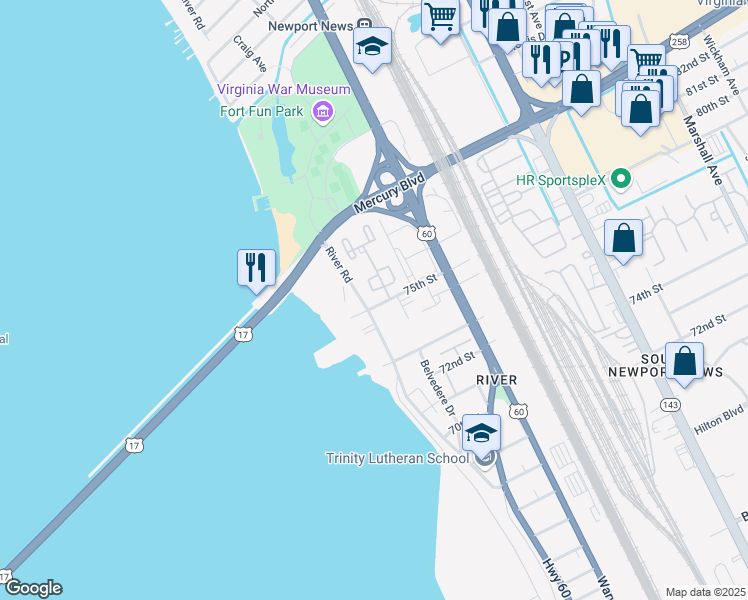 map of restaurants, bars, coffee shops, grocery stores, and more near 144 Towne Square Drive in Newport News