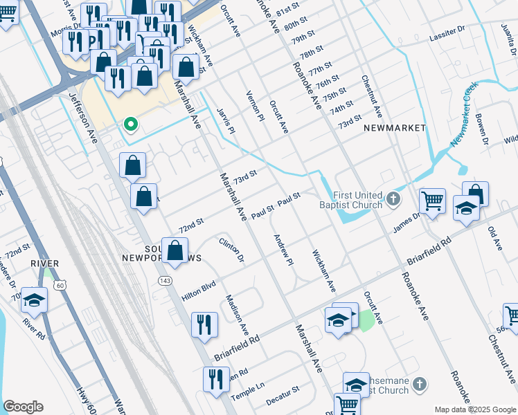 map of restaurants, bars, coffee shops, grocery stores, and more near 712 72nd Street in Newport News