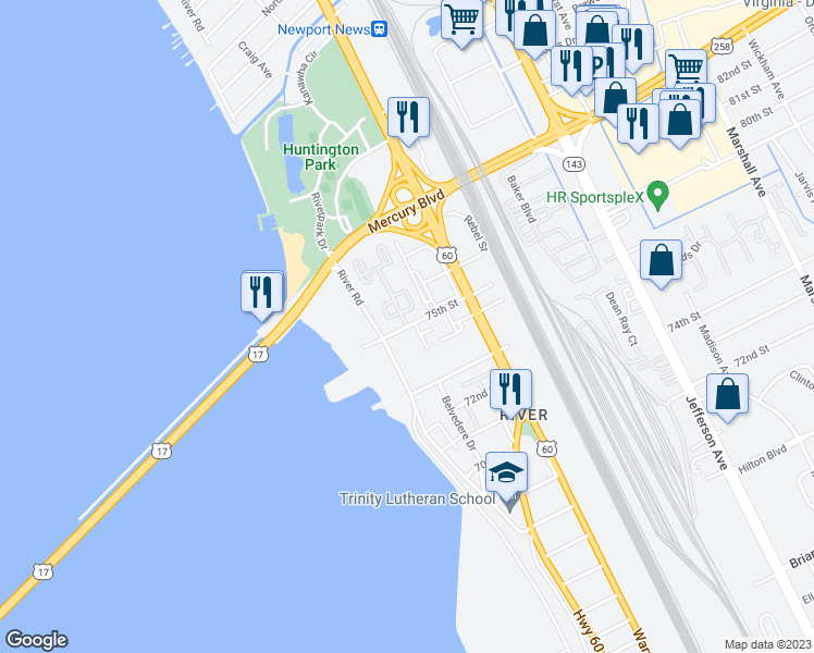 map of restaurants, bars, coffee shops, grocery stores, and more near Towne Square Dr & 75th St in Newport News