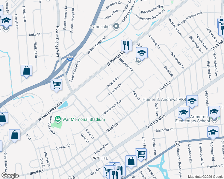 map of restaurants, bars, coffee shops, grocery stores, and more near 2803 Ryland Road in Hampton