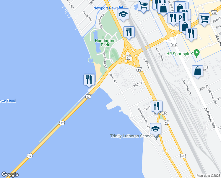map of restaurants, bars, coffee shops, grocery stores, and more near 7501 River Road in Newport News