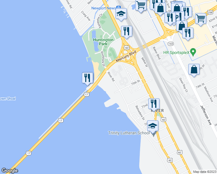 map of restaurants, bars, coffee shops, grocery stores, and more near 7505 River Road in Newport News