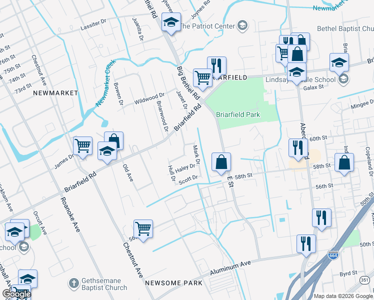 map of restaurants, bars, coffee shops, grocery stores, and more near 1523 Mark Drive in Hampton