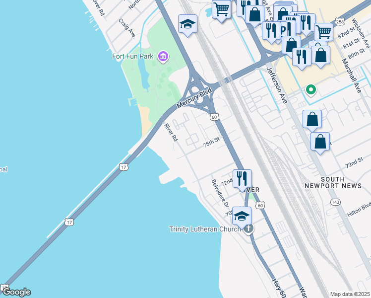 map of restaurants, bars, coffee shops, grocery stores, and more near 131 Towne Square Drive in Newport News