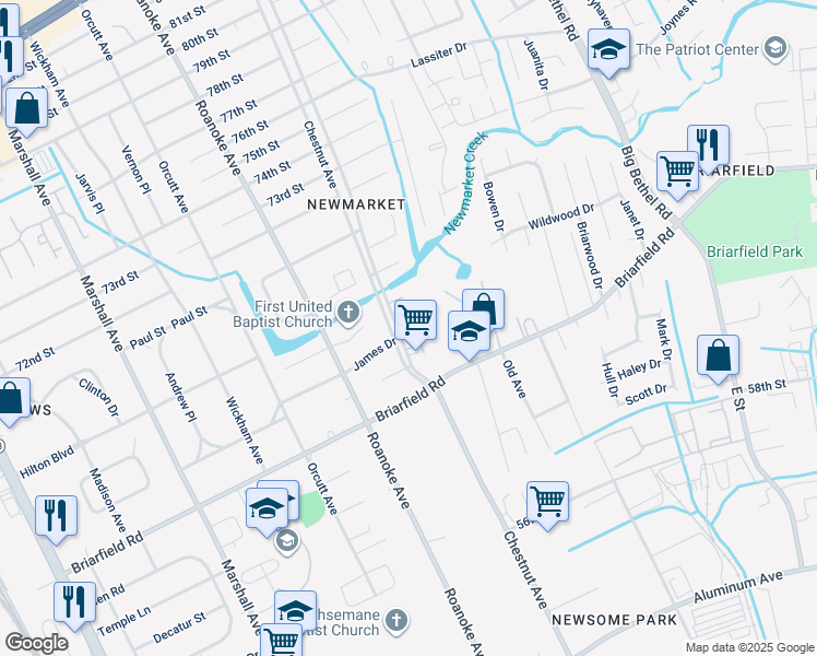 map of restaurants, bars, coffee shops, grocery stores, and more near 6300 Grossman Place in Newport News