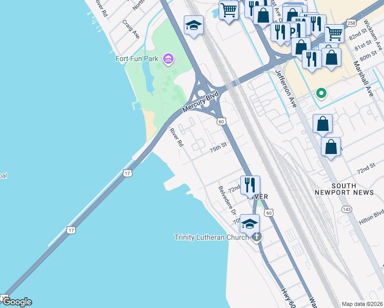 map of restaurants, bars, coffee shops, grocery stores, and more near 131 Towne Square Drive in Newport News
