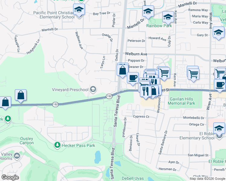 map of restaurants, bars, coffee shops, grocery stores, and more near 8110 Catalina Court in Gilroy