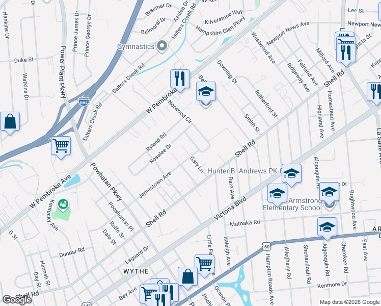 map of restaurants, bars, coffee shops, grocery stores, and more near 716 Gary Lane in Hampton