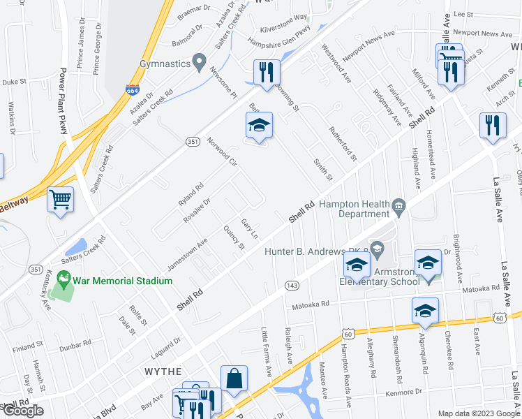 map of restaurants, bars, coffee shops, grocery stores, and more near 722 Norwood Circle in Hampton