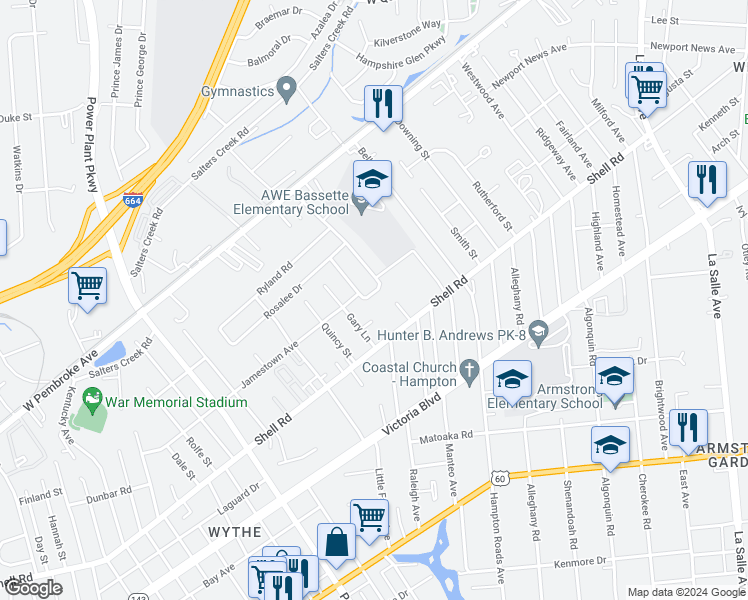 map of restaurants, bars, coffee shops, grocery stores, and more near 722 Norwood Circle in Hampton