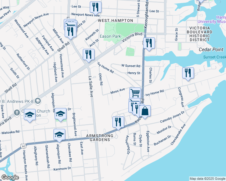 map of restaurants, bars, coffee shops, grocery stores, and more near 30 Moss Avenue in Hampton