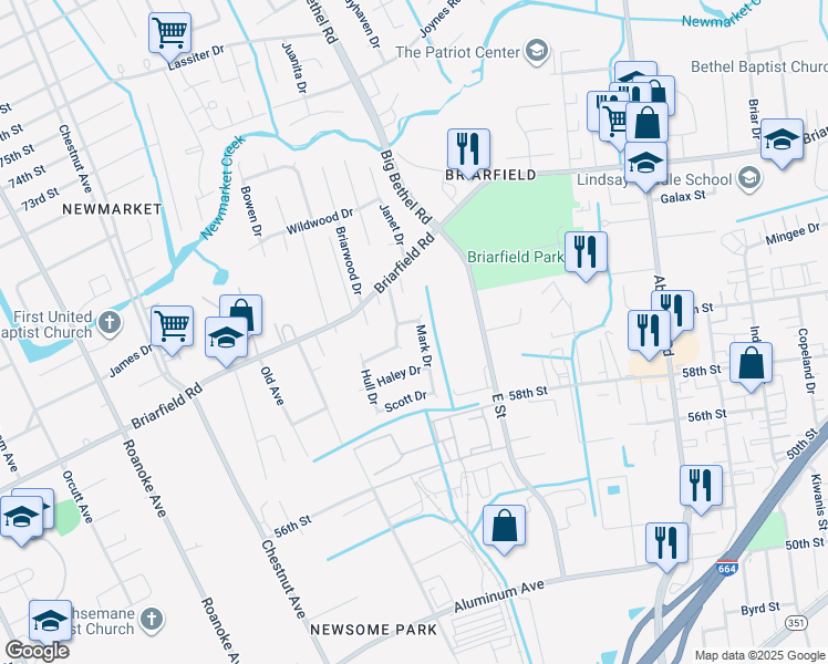 map of restaurants, bars, coffee shops, grocery stores, and more near 1536 Mark Drive in Hampton