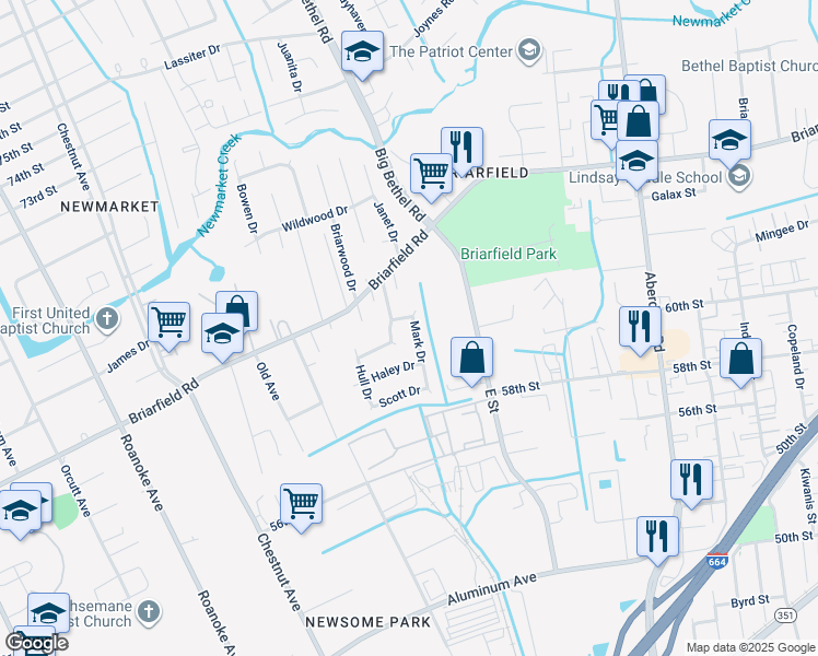 map of restaurants, bars, coffee shops, grocery stores, and more near 1536 Mark Drive in Hampton