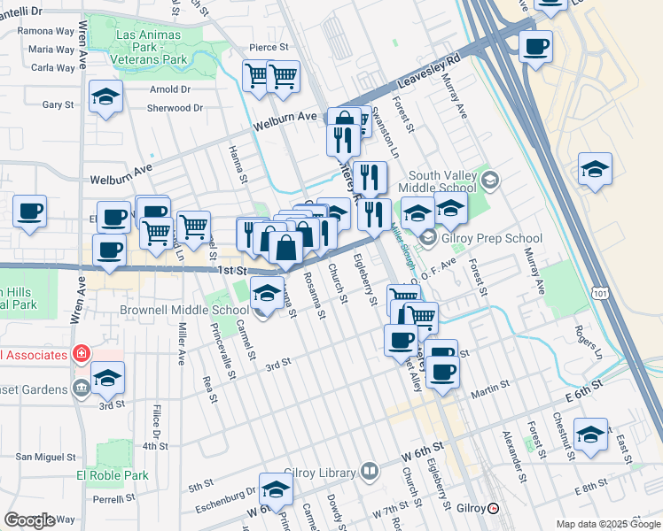 map of restaurants, bars, coffee shops, grocery stores, and more near Church Street in Gilroy