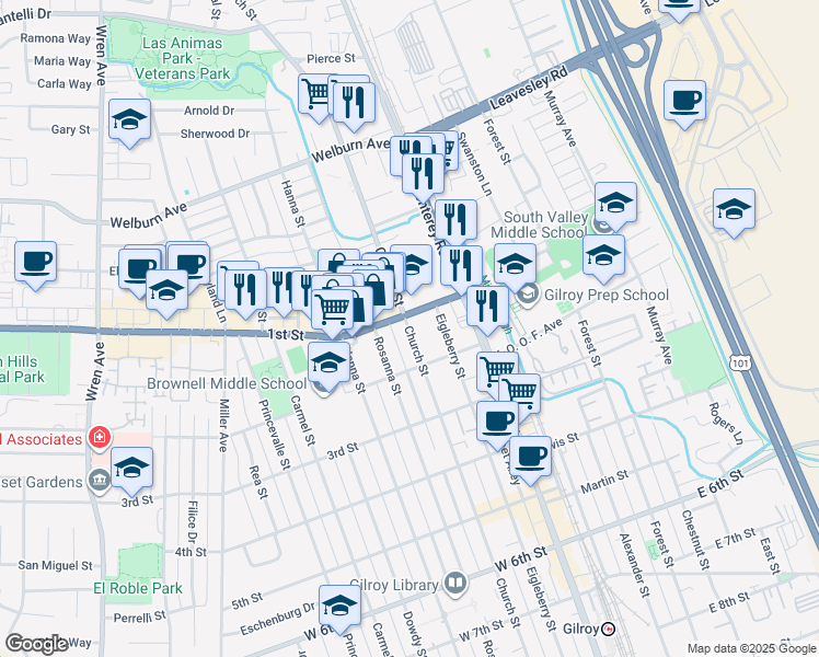 map of restaurants, bars, coffee shops, grocery stores, and more near Church Street in Gilroy