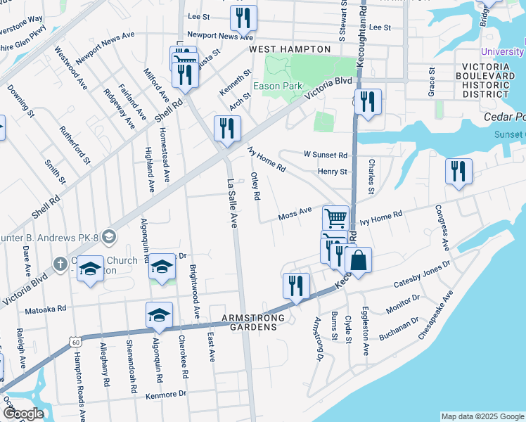 map of restaurants, bars, coffee shops, grocery stores, and more near 310 Otley Road in Hampton