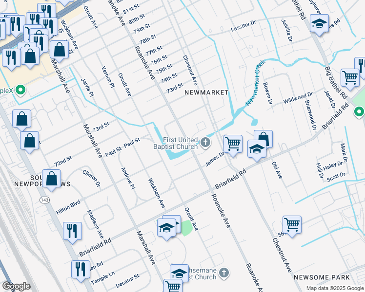 map of restaurants, bars, coffee shops, grocery stores, and more near 1003 Faubus Drive in Newport News