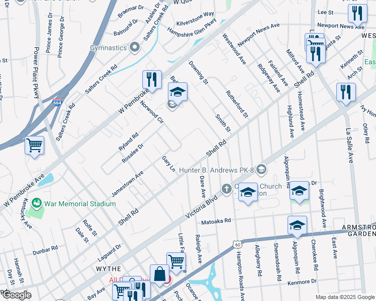 map of restaurants, bars, coffee shops, grocery stores, and more near 610 Cromer Court in Hampton