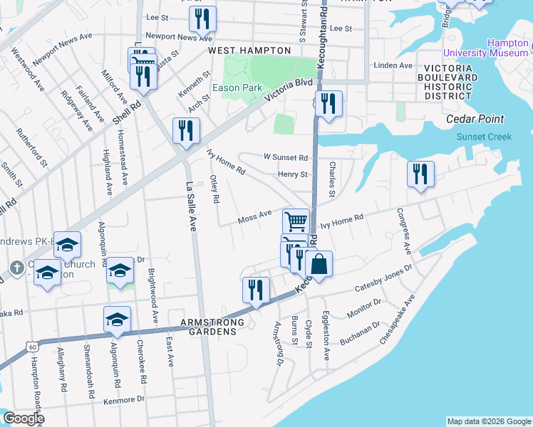 map of restaurants, bars, coffee shops, grocery stores, and more near 14 Moss Avenue in Hampton