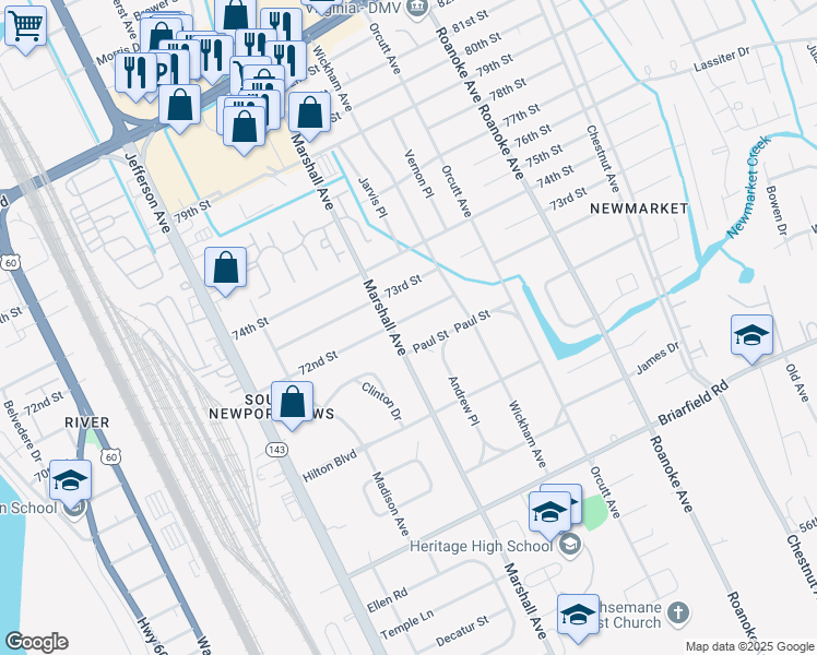map of restaurants, bars, coffee shops, grocery stores, and more near 702 72nd Street in Newport News