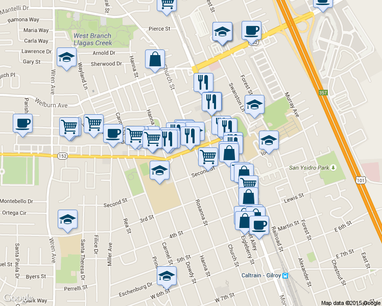map of restaurants, bars, coffee shops, grocery stores, and more near 7881 Church Street in Gilroy