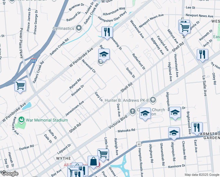map of restaurants, bars, coffee shops, grocery stores, and more near 610 Cromer Court in Hampton